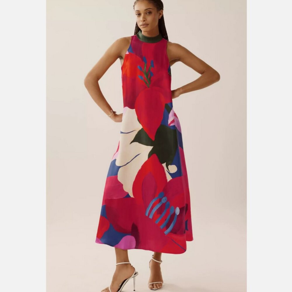Farm Rio Anthropologie Halter Maxi Dress Floral Watercolor Size L NWT Large - Picture 1 of 5